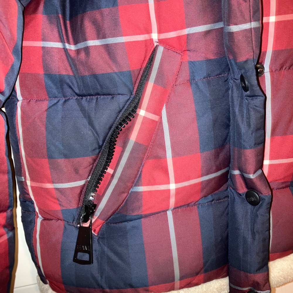SAM Mackenzie Lamb Shearling Plaid Goose Down Jacket Red Blue Women's XS - Picture 6 of 11